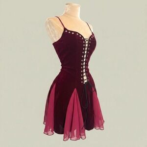 New XXS Burgundy Velvet Lace Up Corset Chiffon Godet Mini Dress Renaissance‎